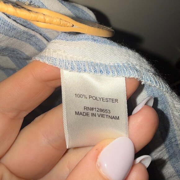 Blue and White stripe shirt dress midi with tan belt size medium 6-8 - Picture 10 of 13